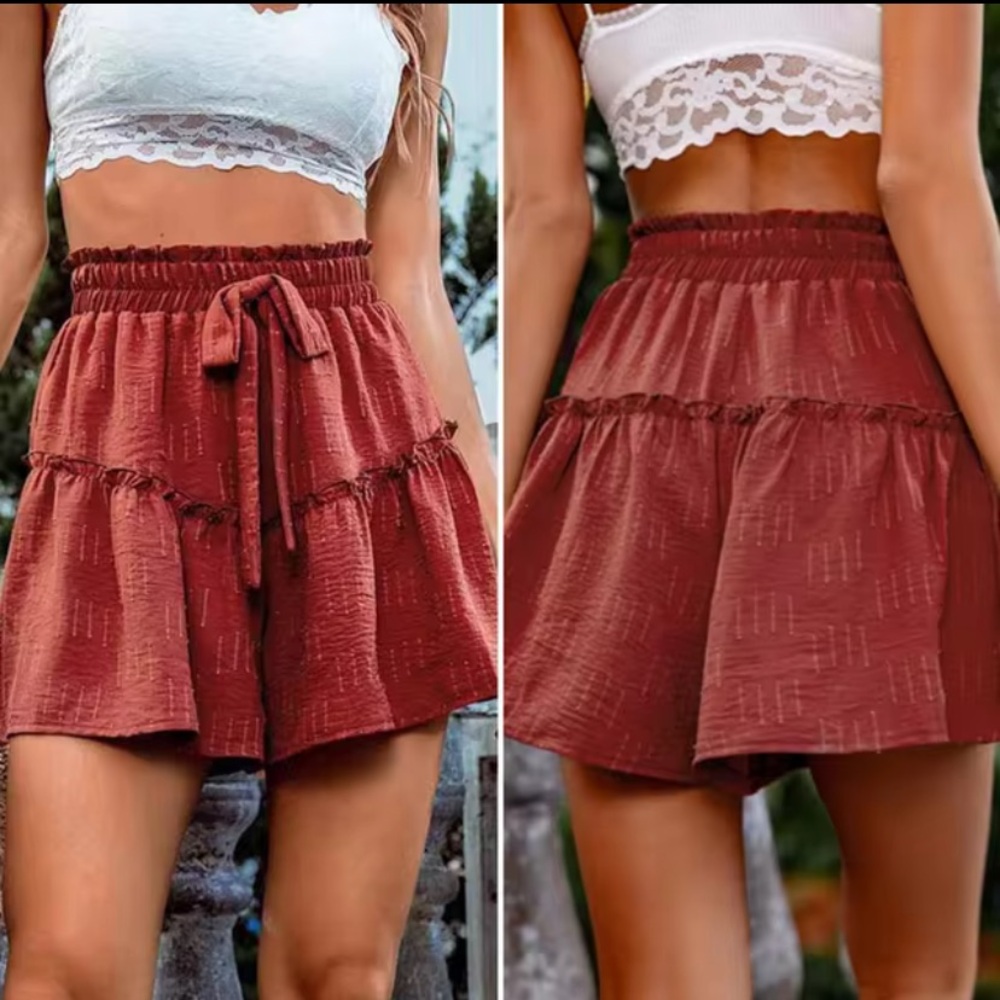 NWT! PrettyBash Burnt Rust Textured High Rise Ruffle Trim Bow-Tie Flowy Shorts